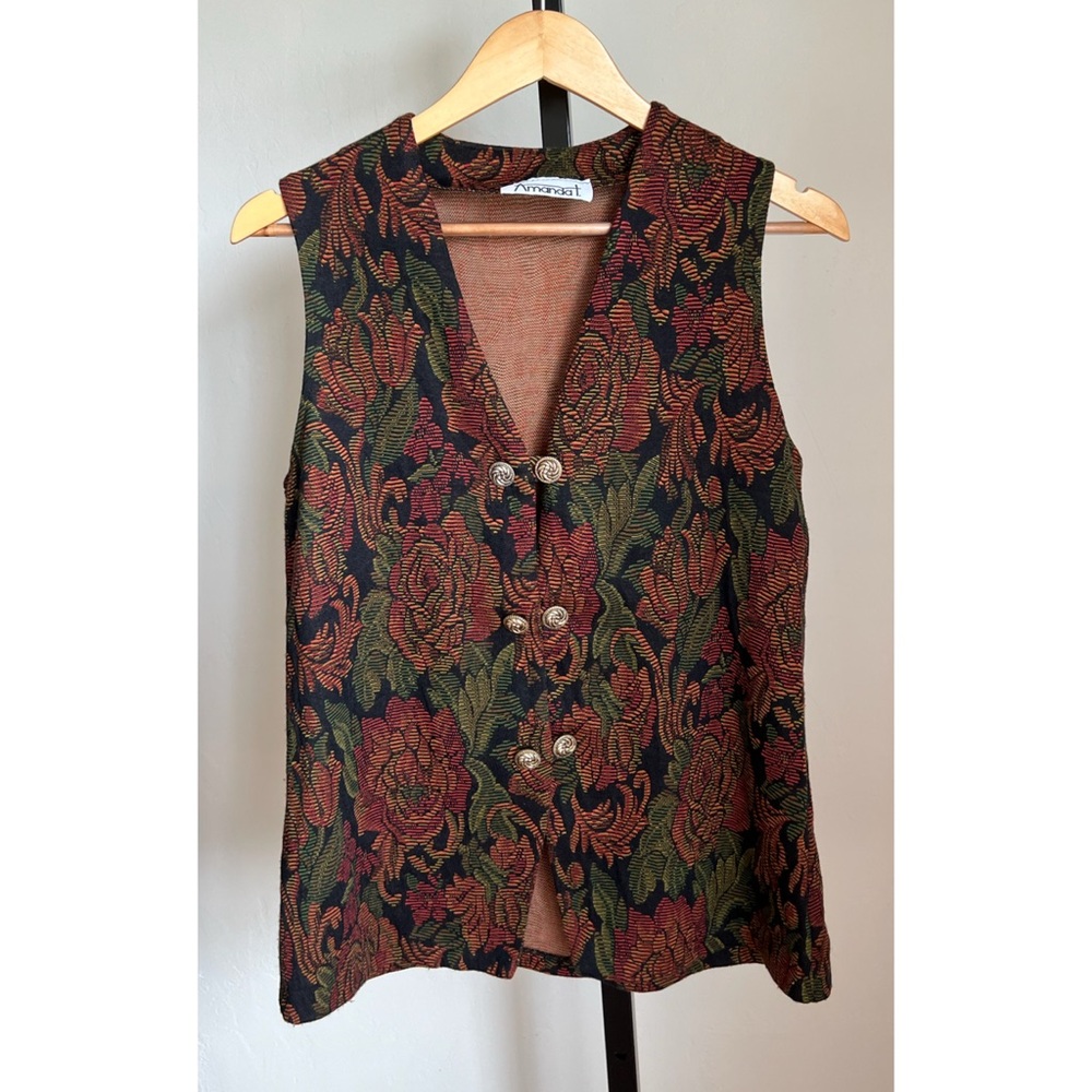 Vintage Amanda T Leaf Floral Vest Small Fall Autumn